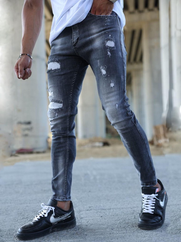 Spodnie Jeansowe Z Uszkodzeniami Skinny Fit Męskie Ciemne Szare i8 Denim Painted & Destroyed