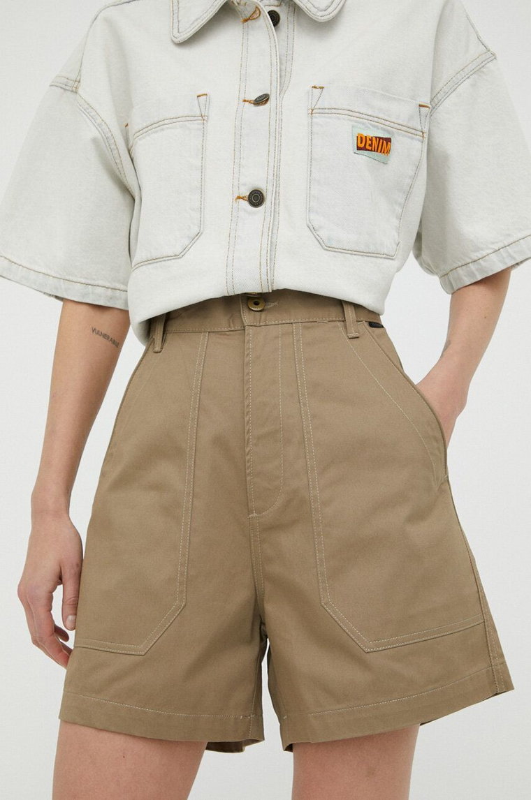 G-Star Raw szorty damskie kolor brązowy gładkie high waist