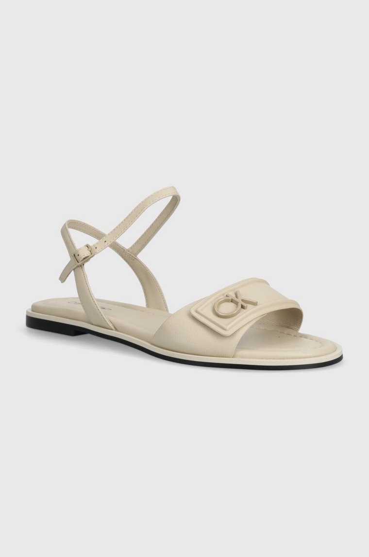 Calvin Klein sandały skórzane FLAT SANDAL RELOCK LTH damskie kolor beżowy HW0HW01942