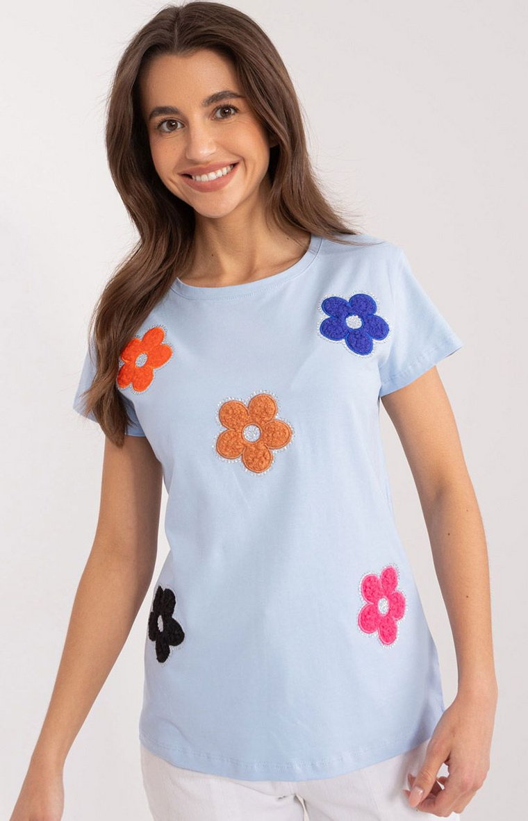 Jasnoniebieski t-shirt damski z naszywkami RV-BZ-9622.16X, Kolor jasnoniebieski, Rozmiar S/M, BASIC FEEL GOOD