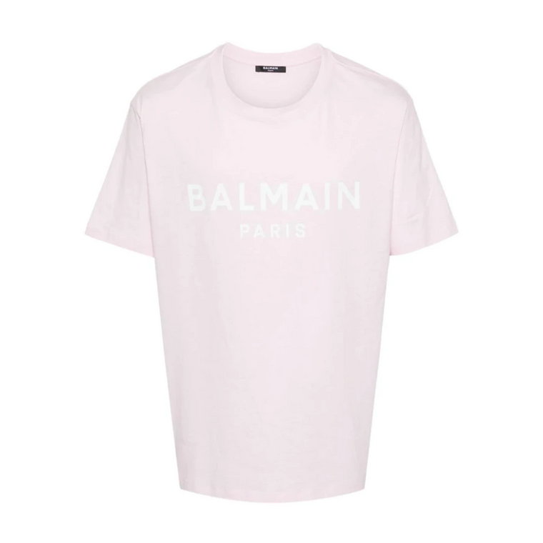 Różowy Biały T-shirt z nadrukiem logo Balmain