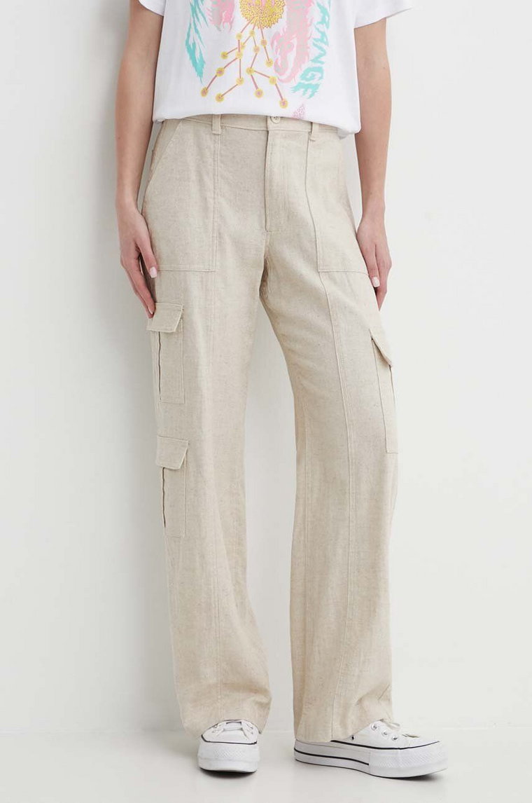 Hollister Co. spodnie lniane kolor beżowy szerokie high waist