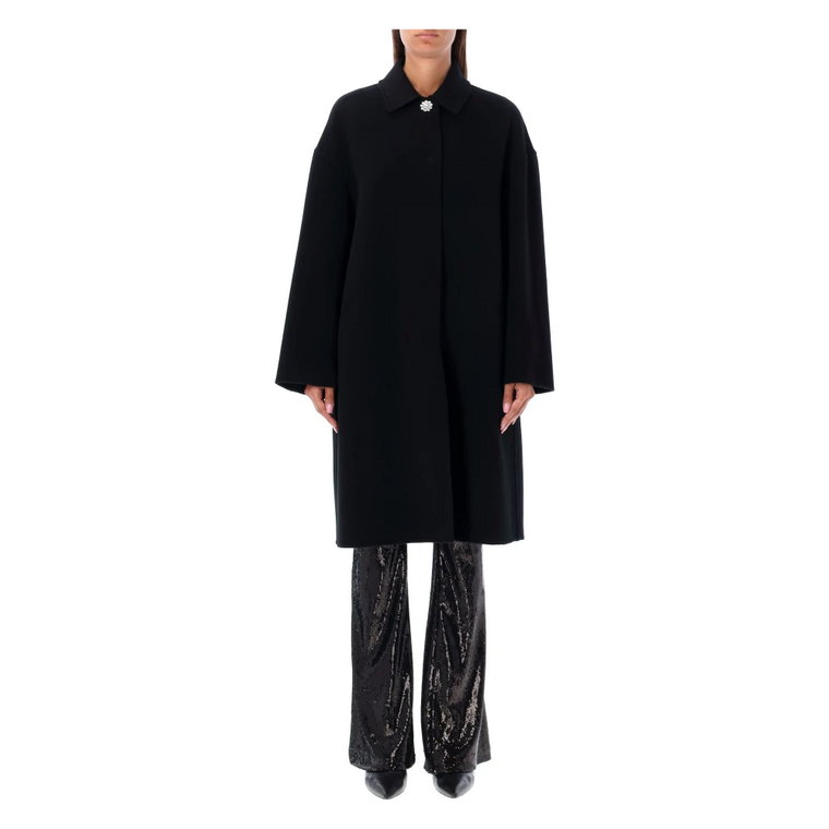 Czarny podwójny płaszcz wełniany z guzikiem ozdobnym Philosophy di Lorenzo Serafini