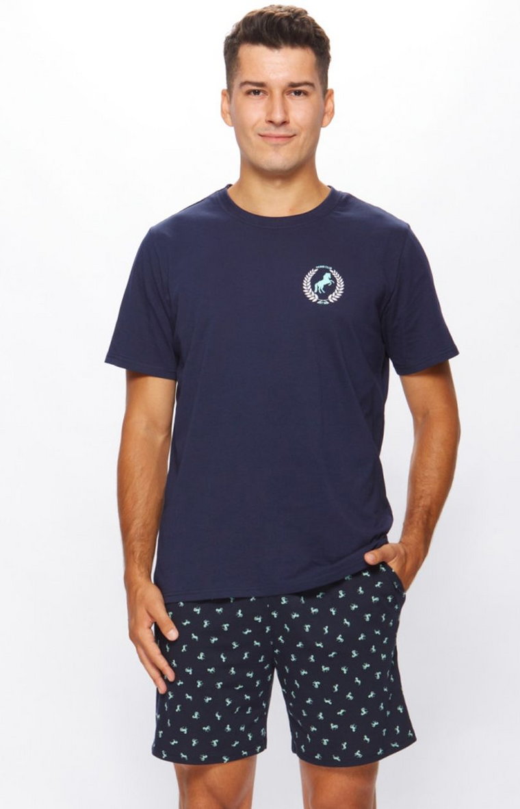 Bawełniana piżama męska z krótkimi rękawami i nogawkami 42/5-41U/66A778, Kolor granatowy-wzór, Rozmiar XL, Fabio Undercare