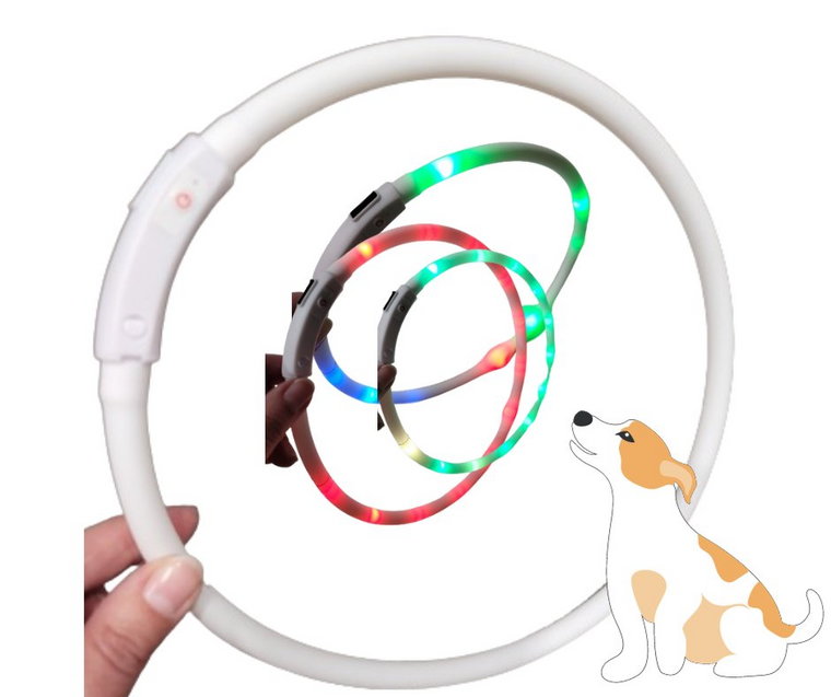 Obroża LED dla psa "Bezpieczne Spacerowanie" - Biała z Kolorowymi Światełkami 20-48cm