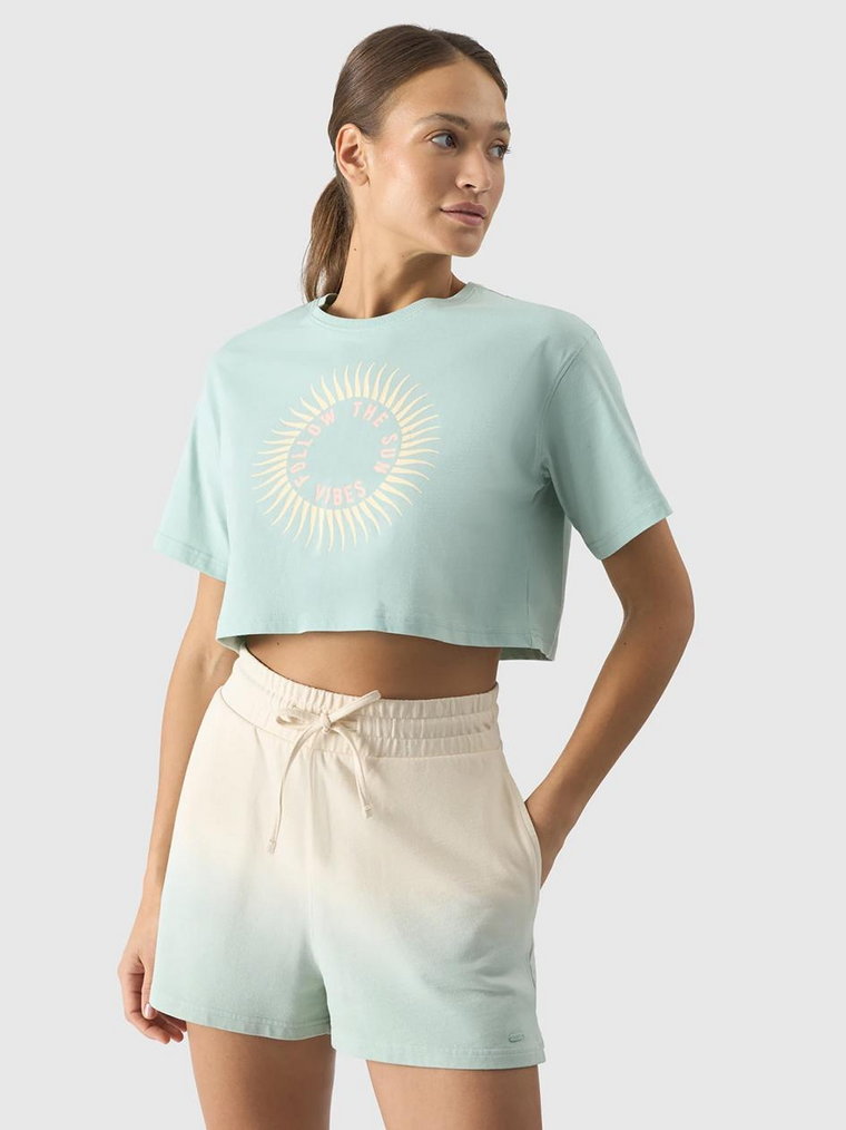 Koszulka Z Krótkim Rękawem Damska Crop Oversize Miętowa 4F Sun Vibes