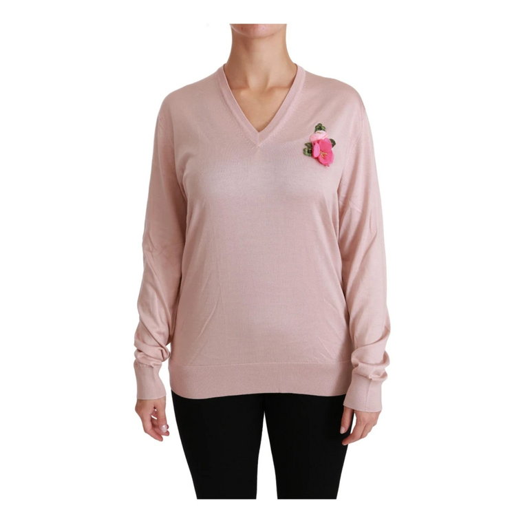 Pink Floral Embellished Pullover Silk Sweater Dolce & Gabbana