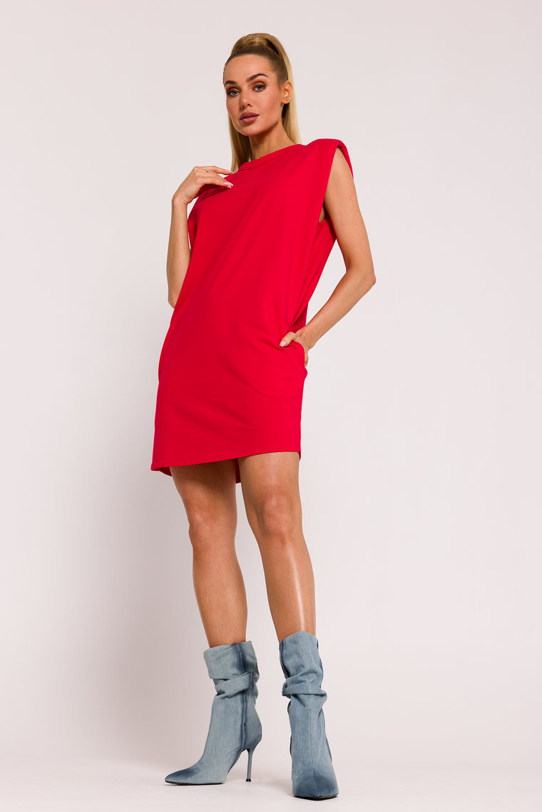 Czerwona Mini Sukienka Dopasowana z Poduszkami