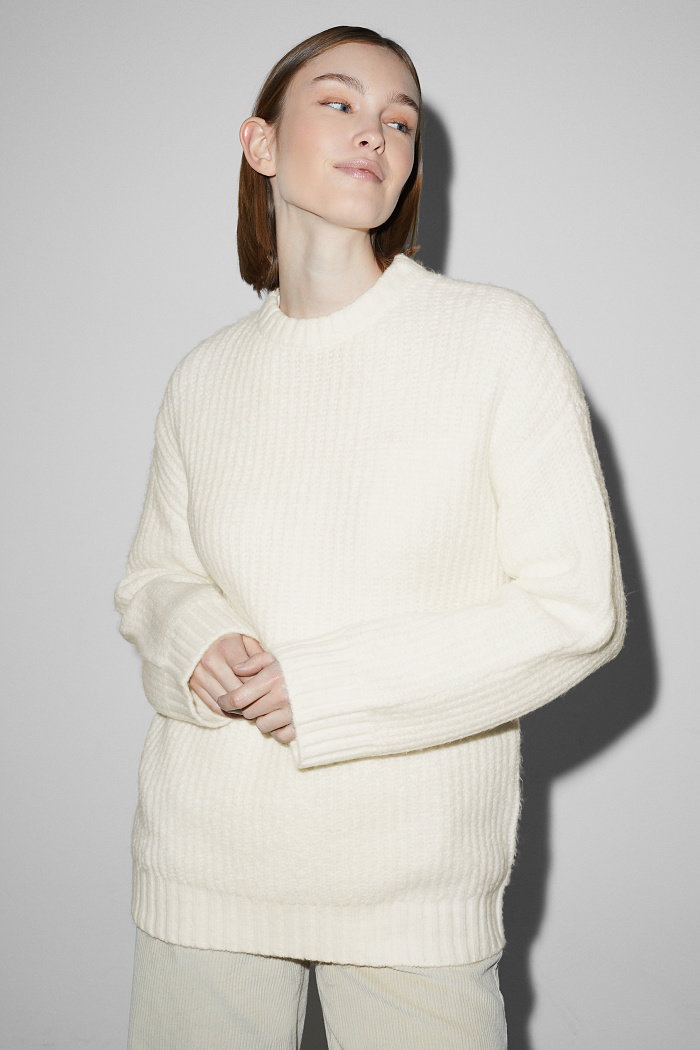 C&A CLOCKHOUSE-sweter-w prążki, Biały, Rozmiar: M