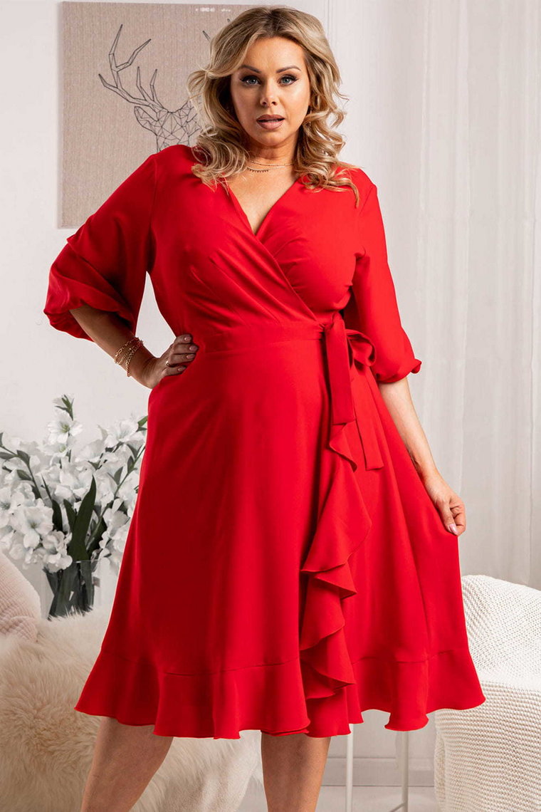 Sukienka na święta kopertowa elegancka z falbanką IRIS wiązana czerwona