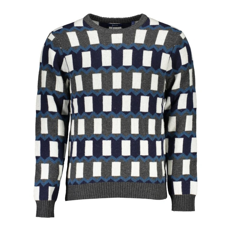 Niebieski Sweter z Wełny, Długi Rękaw, Okrągły Dekolt, Logo Gant