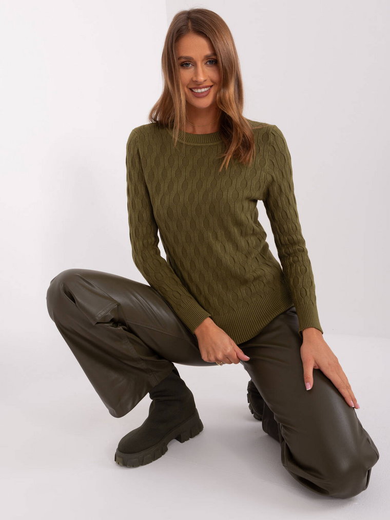 Sweter klasyczny khaki casual dekolt okrągły rękaw długi