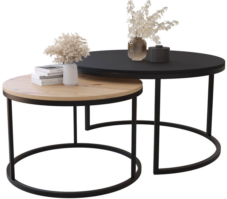 Komplet 2 okrągłych stolików kawowych czarny + dąb artisan - Onrero 3X