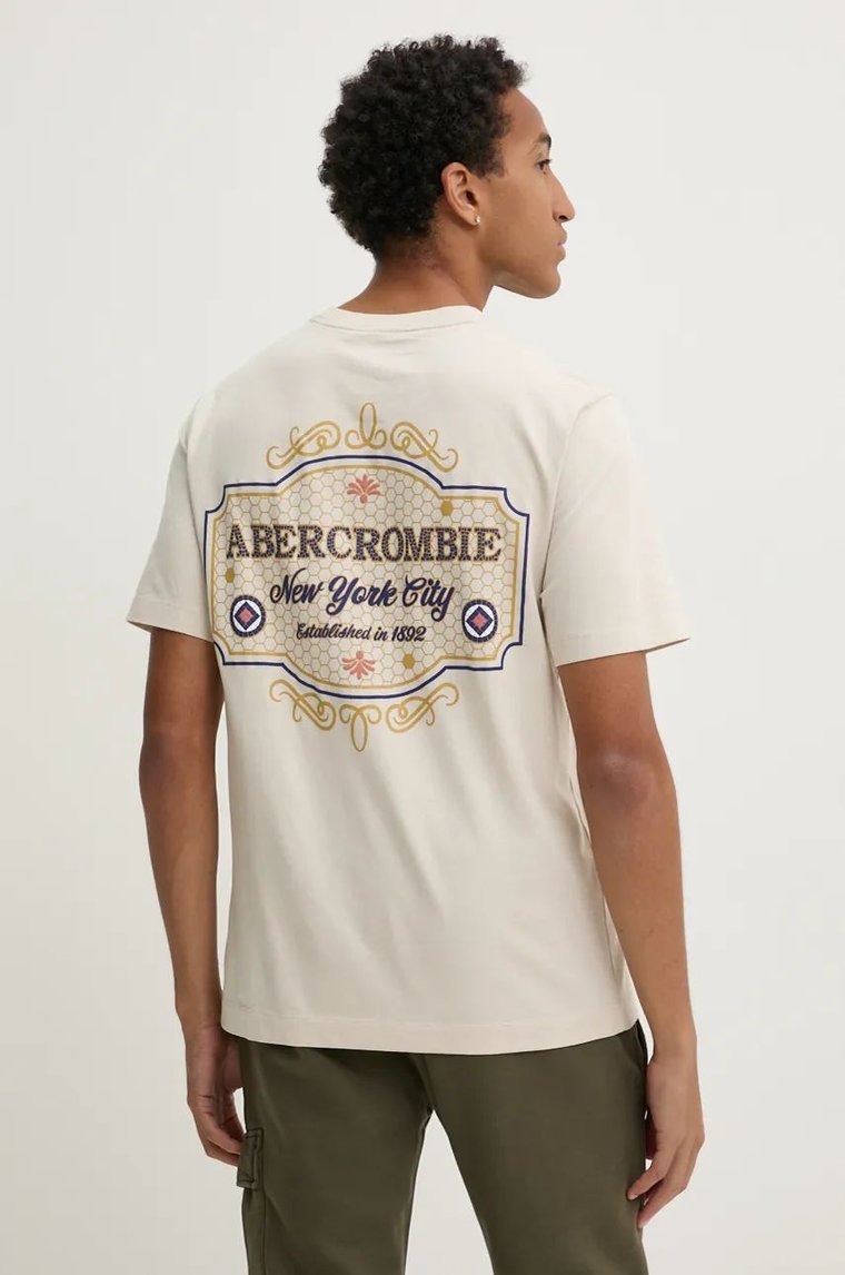 Abercrombie & Fitch t-shirt bawełniany męski kolor beżowy z aplikacją