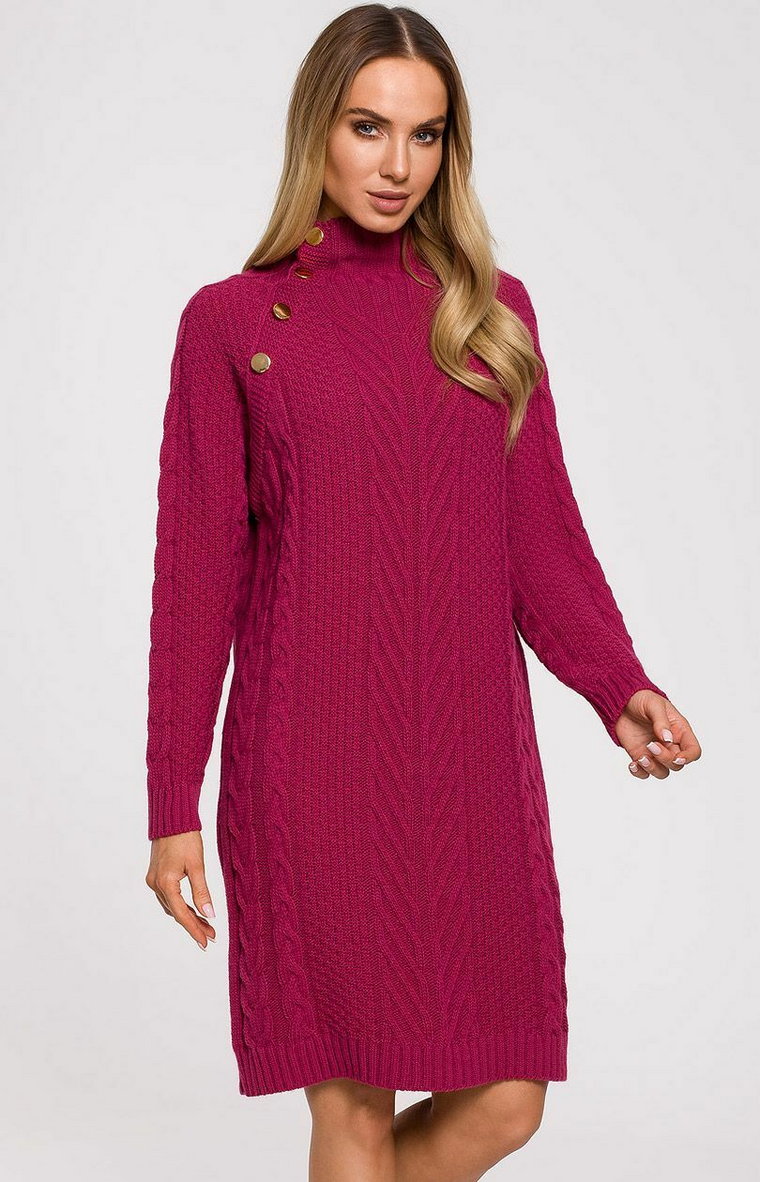Swetrowa sukienka z golfem różowa M635, Kolor różowy, Rozmiar L/XL, MOE