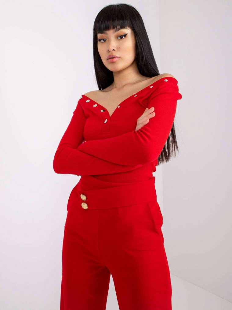 Bluzka longsleeves czerwony casual dopasowana dekolt w kształcie V rękaw długi guziki materiał prążkowany