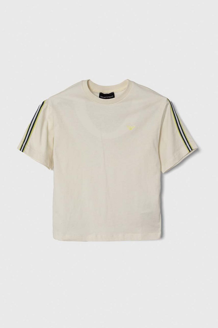 Emporio Armani t-shirt bawełniany dziecięcy kolor beżowy z aplikacją