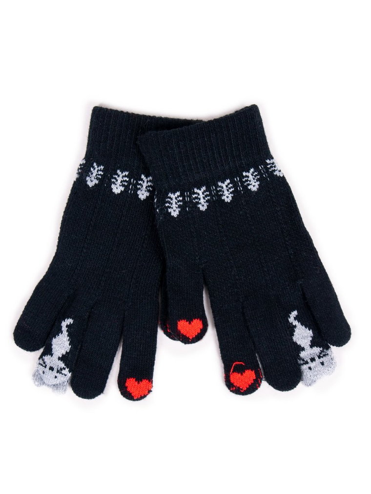 Rękawiczki Dziewczęce Pięciopalczaste Czarne Z Kotkiem Dotykowe 14 Cm Yoclub