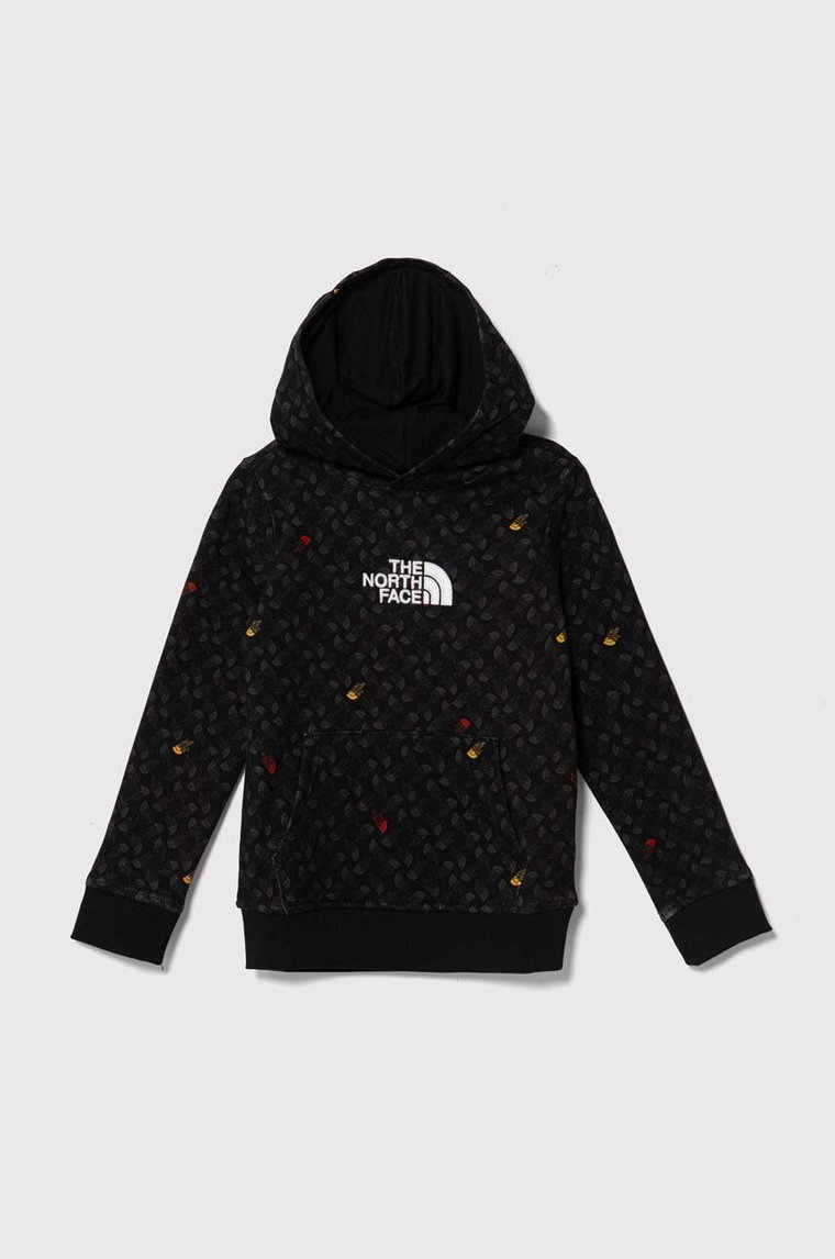 The North Face bluza bawełniana dziecięca DREW PEAK LIGHT P/O HOODIE PRINT kolor czarny z kapturem wzorzysta