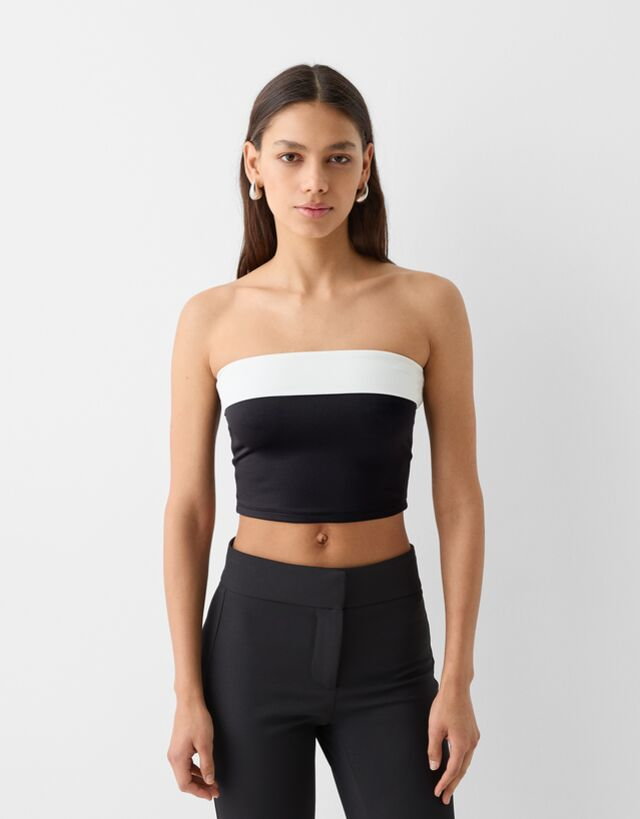 Bershka Top Bandeau Z Wywiniętym Brzegiem Kobieta M Biały / Czarny