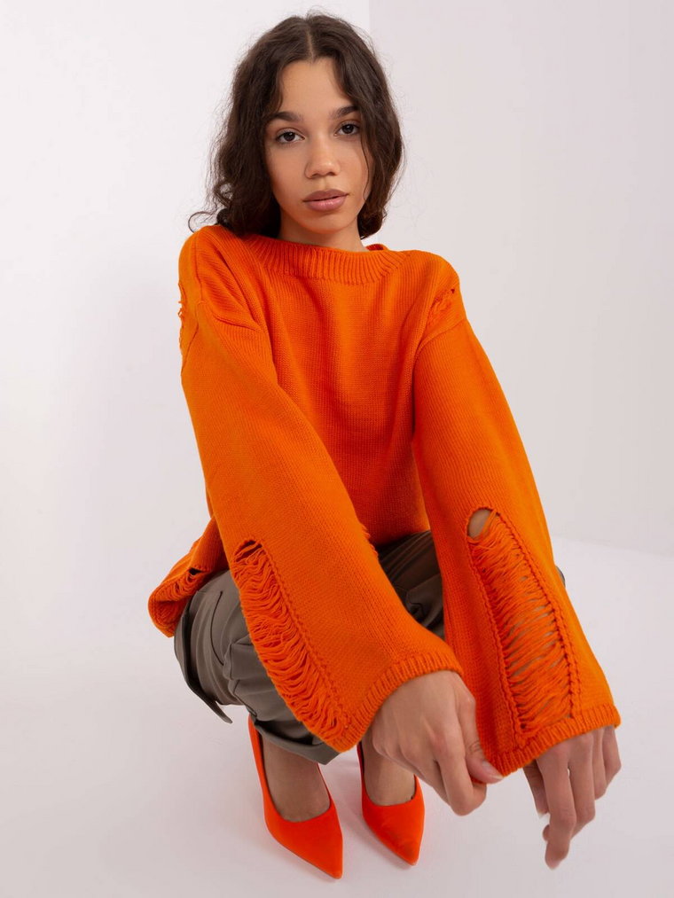 Sweter oversize pomarańczowy casual dekolt łódka rękaw długi dziury