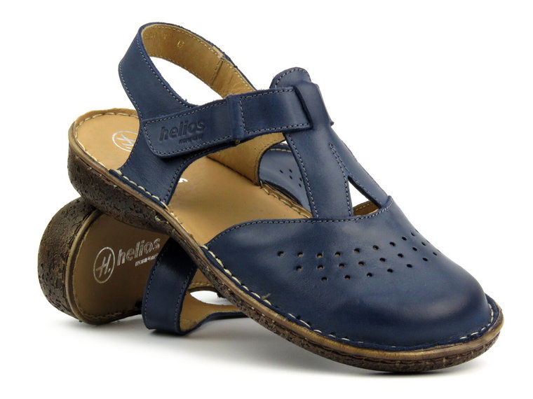 Skórzane sandały damskie na platformie - HELIOS Komfort 128, granatowe