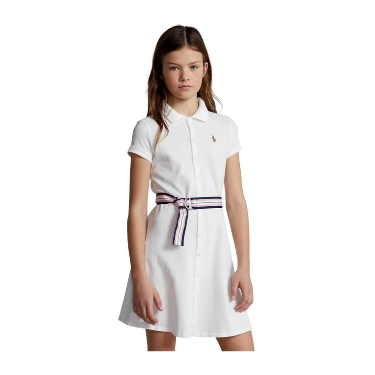 Biała sukienka polo dla dziewcząt z paskiem w pique Ralph Lauren
