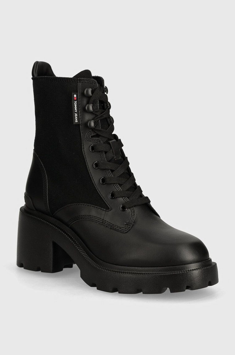 Tommy Jeans botki TJW MID HEEL BOOT MIX MEDIA damskie kolor czarny na płaskim obcasie EN0EN02556