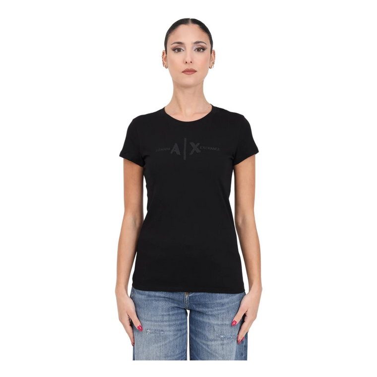 Czarna koszulka z haftowanym logo Armani Exchange