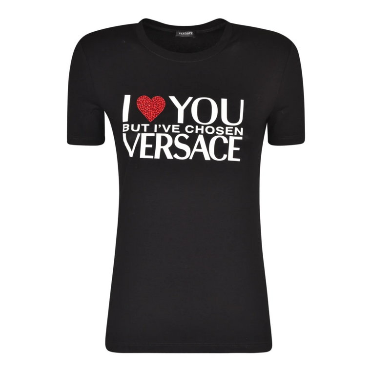 Czarna koszulka z nadrukiem sloganu i ozdobnymi kamieniami Versace