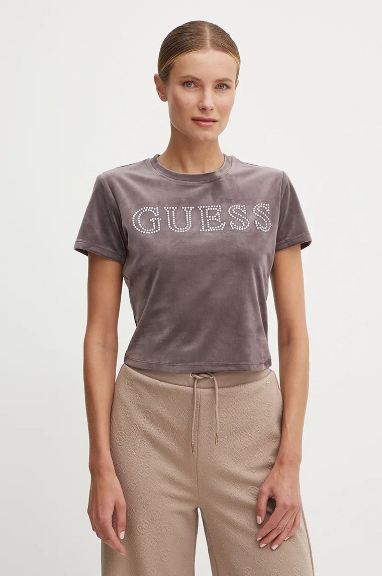 Guess t-shirt welurowy COUTURE kolor fioletowy V4BI29 KBXI2