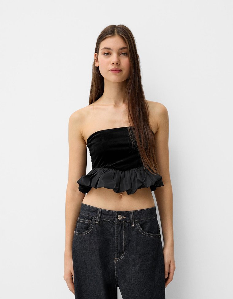 Bershka Aksamitny Top Bandeau Kobieta S Czarny