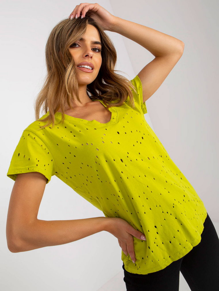 T-shirt jednokolorowy limonkowy casual dekolt w kształcie V rękaw krótki dziury