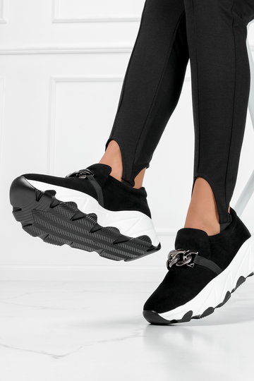 Czarne sneakersy Potocki na platformie ze srebrnym łańcuchem 22-12035BK