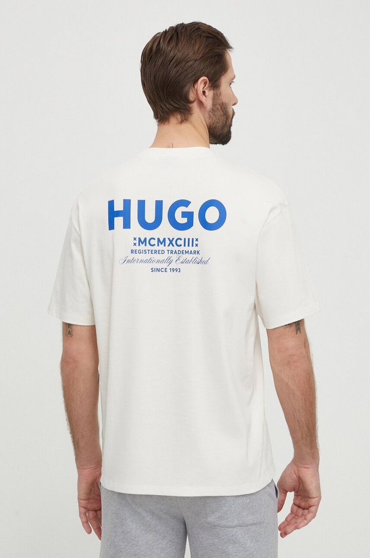 Hugo Blue t-shirt bawełniany męski kolor beżowy z nadrukiem 50509776