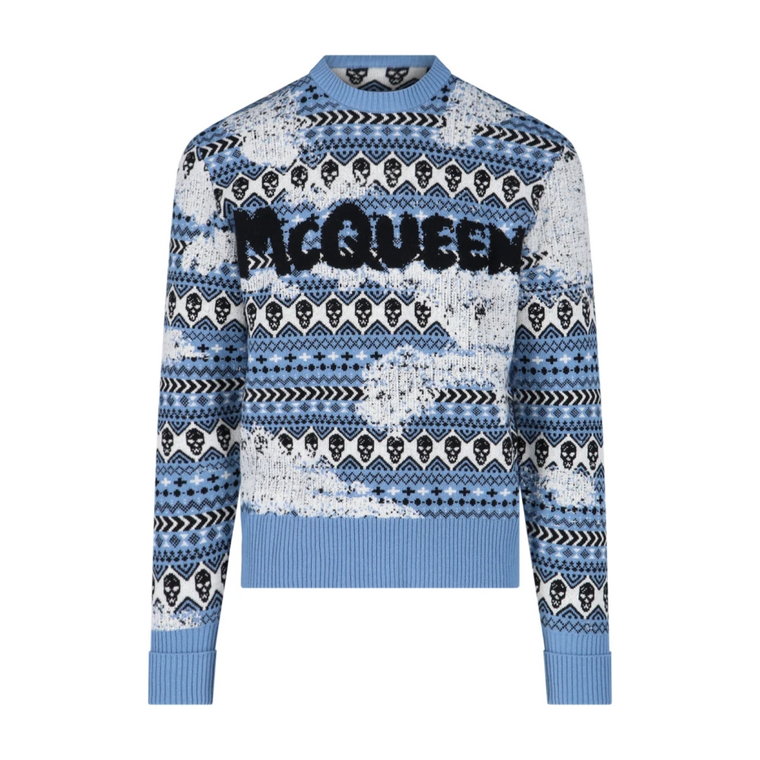 Sweter z Okrągłym Dekoltem, Kombinacja Niebieskiego i Zielonego Alexander McQueen