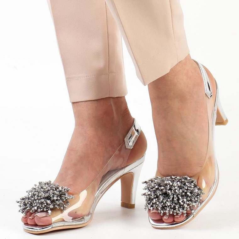 Srebrne silikonowe sandały damskie na szpilce z pomponem, transparentn