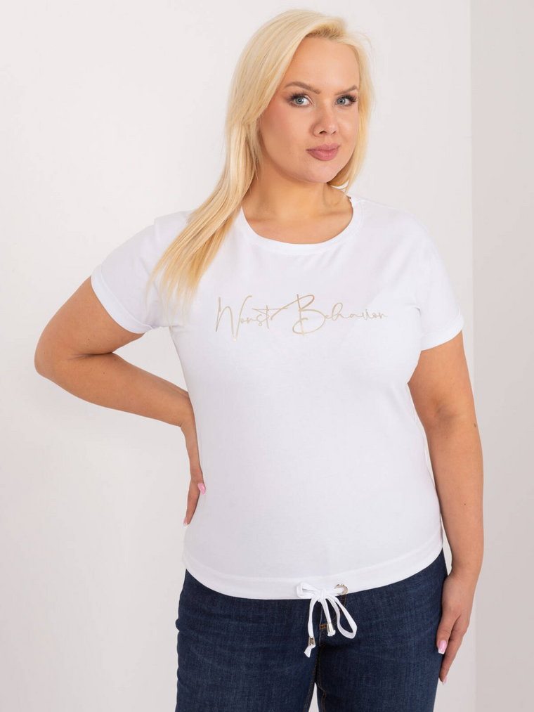 T-shirt plus size biały casual bluzka codzienna dekolt okrągły rękaw krótki troczki