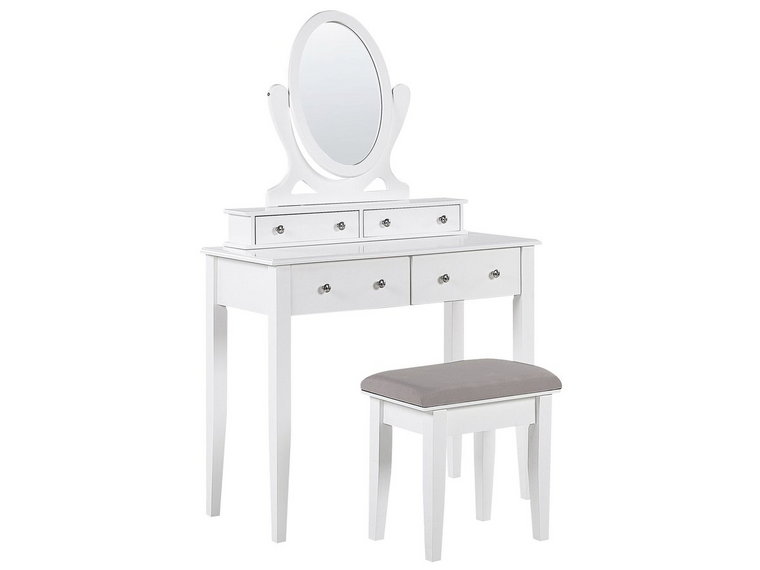 Toaletka 4 szuflady owalne lustro ze stołkiem biała LUNE