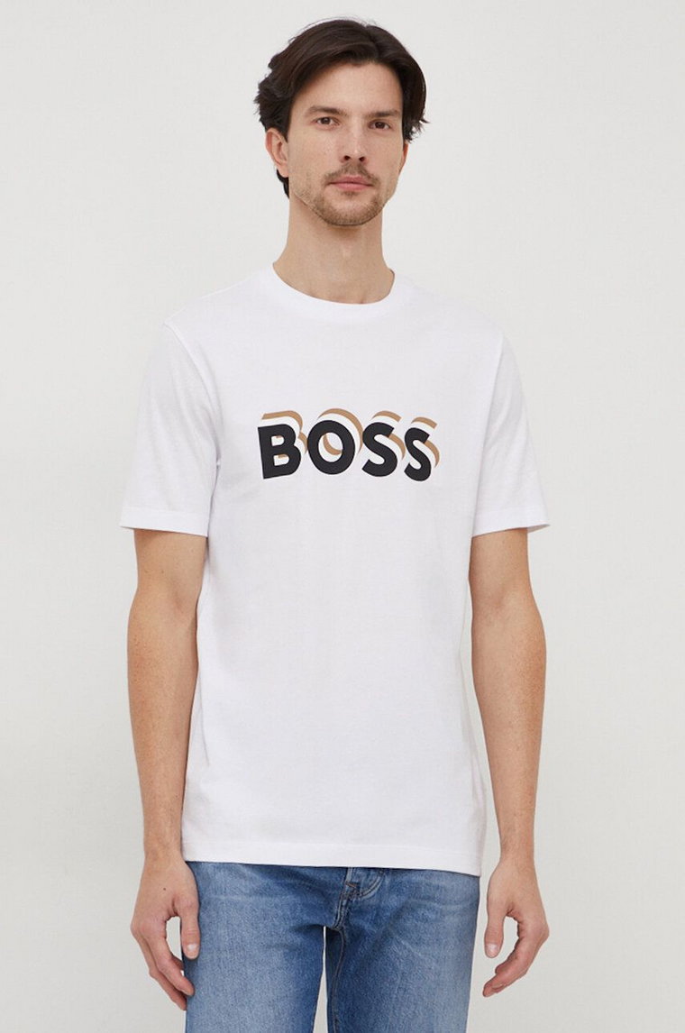 BOSS t-shirt bawełniany męski kolor biały z nadrukiem