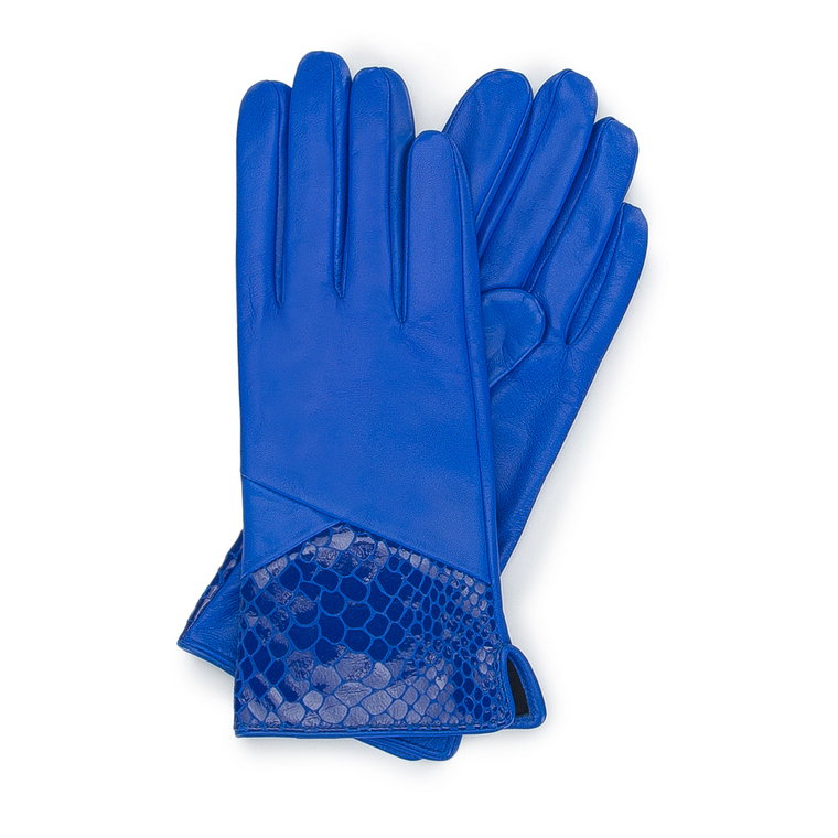 Damskie rękawiczki skórzane ze wstawką o fakturze egzotycznej skóry niebieskie