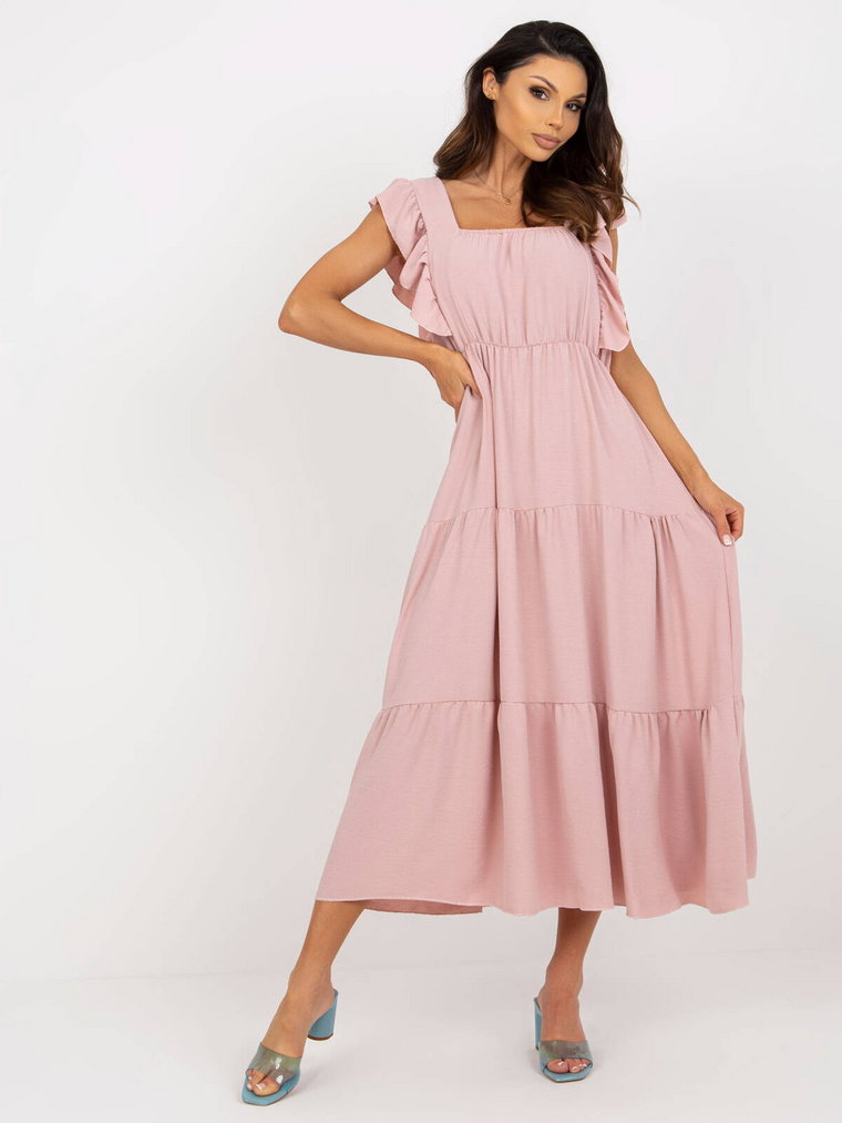 Sukienka z falbaną jasny różowy codzienna letnia dekolt kwadratowy rękaw bez rękawów długość midi falbana