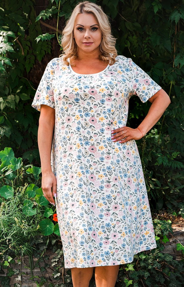 Koszula nocna damska w kwiatowy wzór plus size Nilda, Kolor biały-kwiaty, Rozmiar XL, Italian Fashion