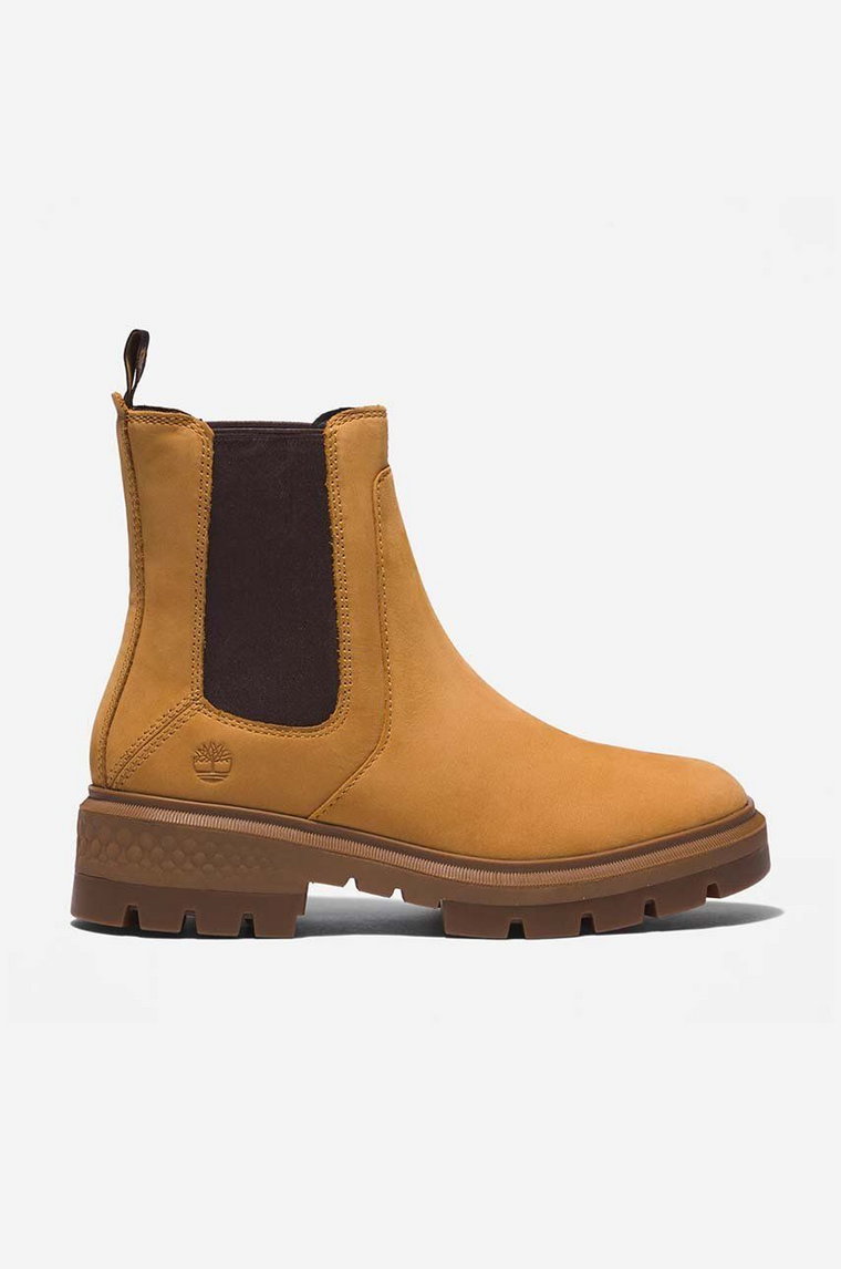 Timberland sztyblety skórzane Cortina Valley Chelsea damskie kolor brązowy na płaskim obcasie A5VAG-BROWN