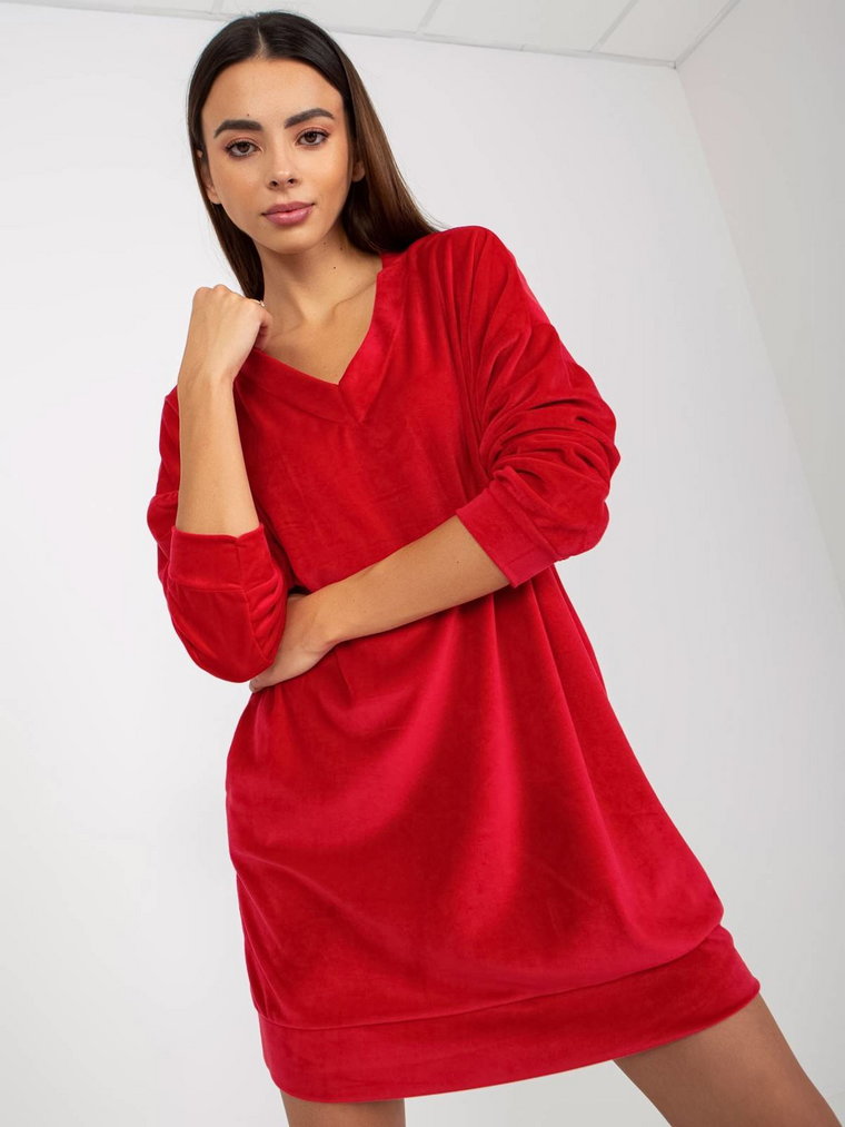 Tunika na co dzień czerwony sukienka codzienna dekolt w kształcie V rękaw długi długość przed kolano kieszenie