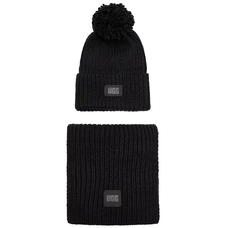 UGG Chunky Rib Knit Beanie Pom Set 21883-BLK, Damskie, Czarne, czapki, akryl, rozmiar: One size