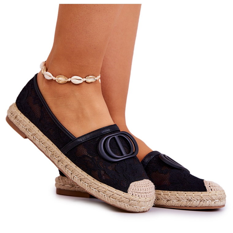 FE1 Damskie Koronkowe Espadryle Z Ozdobą Czarne Summer Dream