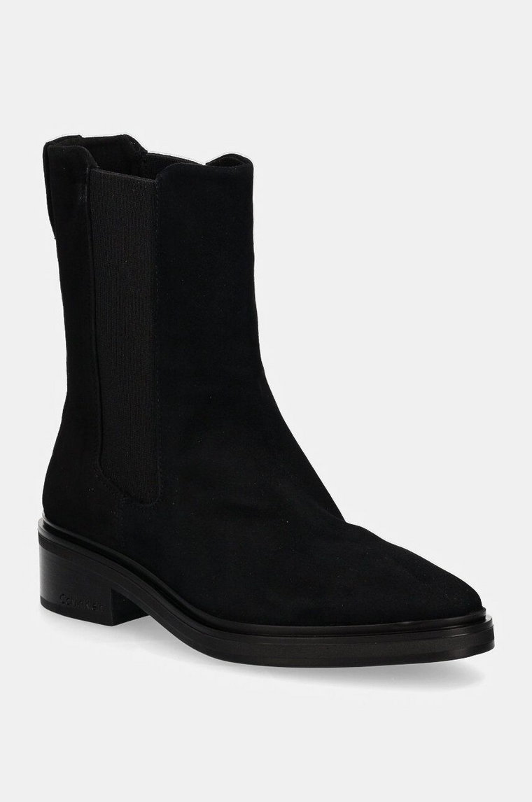 Calvin Klein sztyblety zamszowe HEEL CHELSEA BOOT 30 SUE damskie kolor czarny na płaskim obcasie HW0HW02191