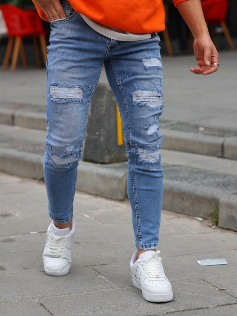 Spodnie Jeansowe Skinny Męskie Sprane Jasne Niebieskie i8 Denim Wreck