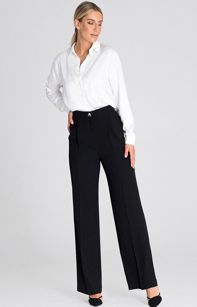 Eleganckie spodnie z szeroką nogawką czarne M949, Kolor czarny, Rozmiar S, Figl